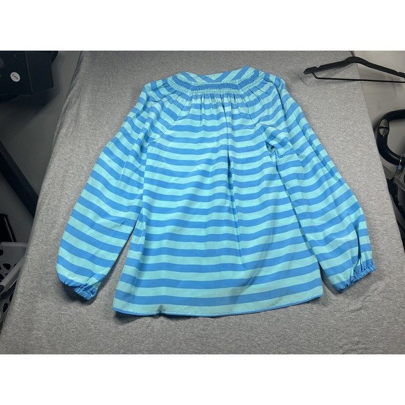 LILLY PULITZER Women's Blue Aqua Striped V-Neck‎ Long Sleeve Silk Blouse Sz XS - Picture 11 of 13
